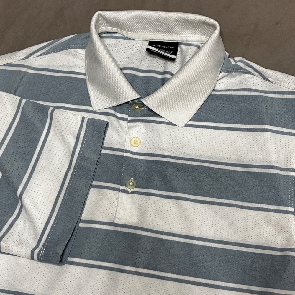 Nike Golf Dri-FIT Polo Shirt Mens Small White Blue Striped Short Sleeve Mesh
